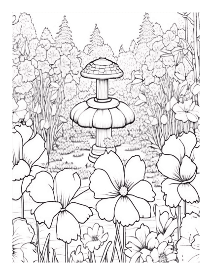Free Toadstool in a Flower Garden Coloring Page: Explore a Whimsical Oasis