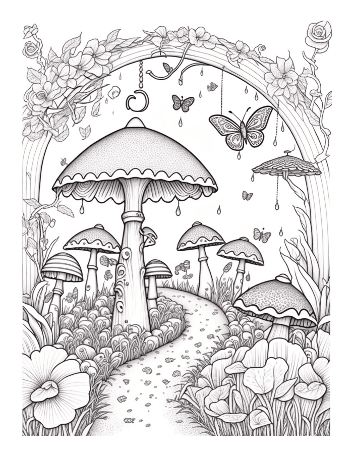Free Mushrooms and Butterflies Coloring Page