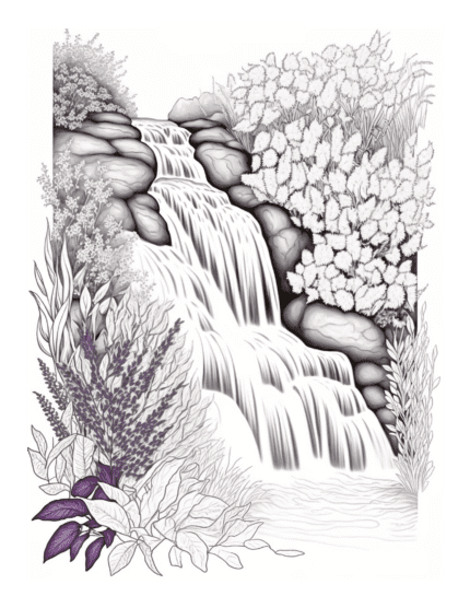 Free Waterfall in the Middle of a Flower Garden Coloring Page: Enter a Serene Oasis