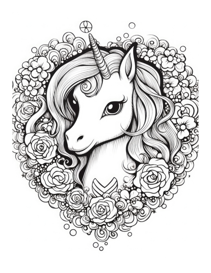 Heart Unicorn Coloring Page