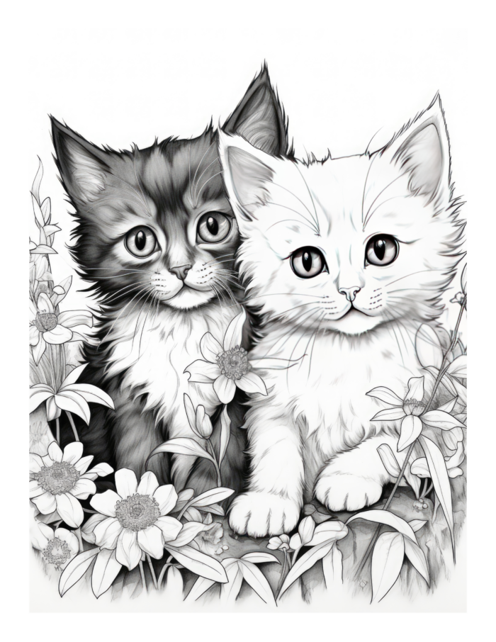 Free Two Cats Behind Flowers Coloring Page
