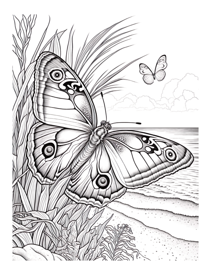 Free Butterfly at the Beach Coloring Page