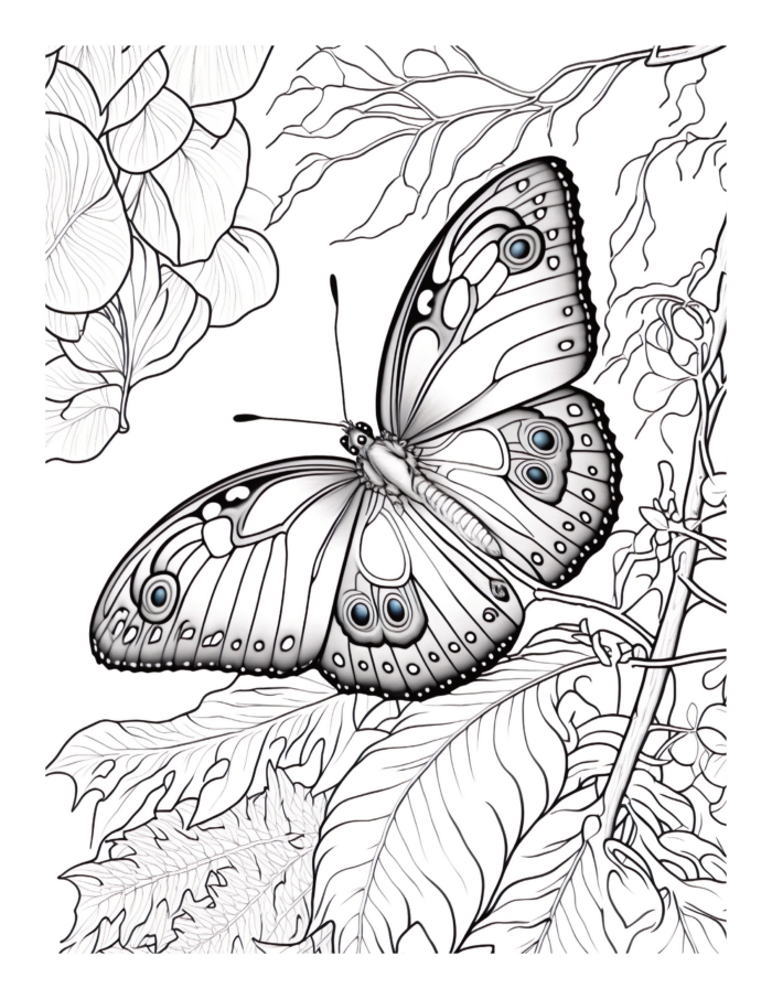 Free Butterfly and Leaves Coloring Page