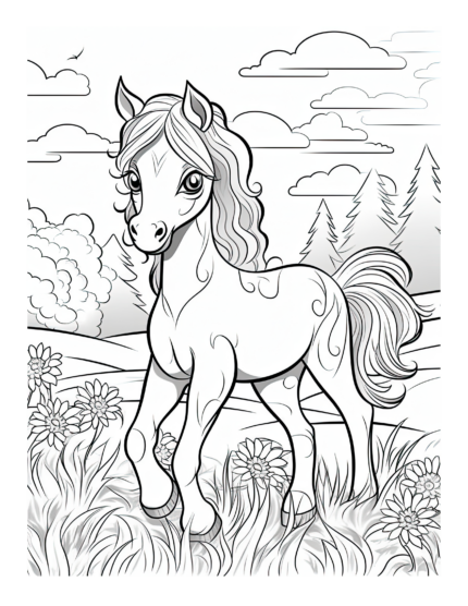 Free Cartoon Horse in a Meadow Coloring Page: Embrace Nature's Delight