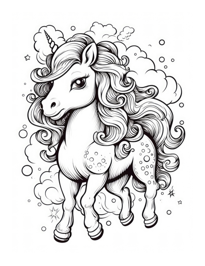 Unicorn and Clouds Coloring Page