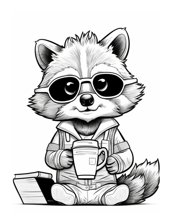 Free Raccoon Drinking Coffee Coloring Page
