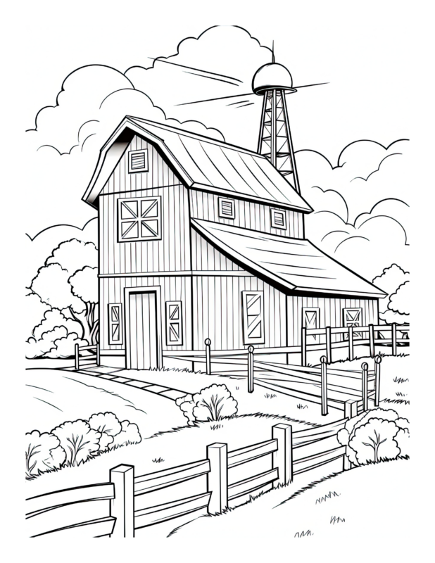 Free Printable Windmill Wonders - Barn Coloring Page For Kids And Adults