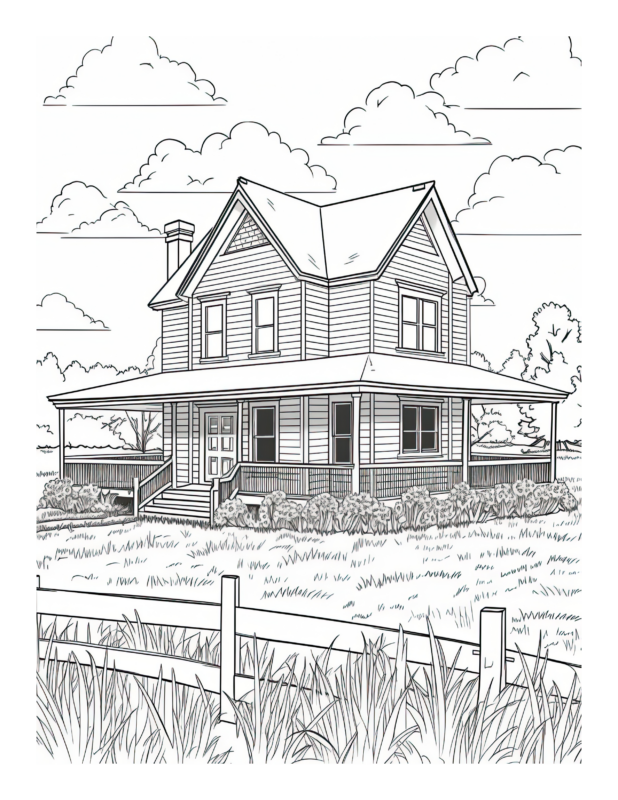 Free Printable Red Roof - Farm House Coloring Page For Kids And Adults