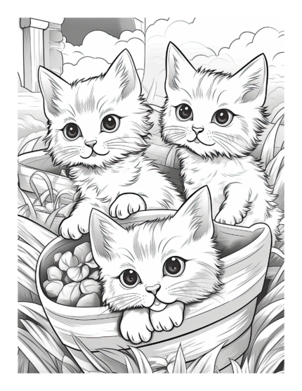 Free 3 Kittens in a Basket Coloring Page