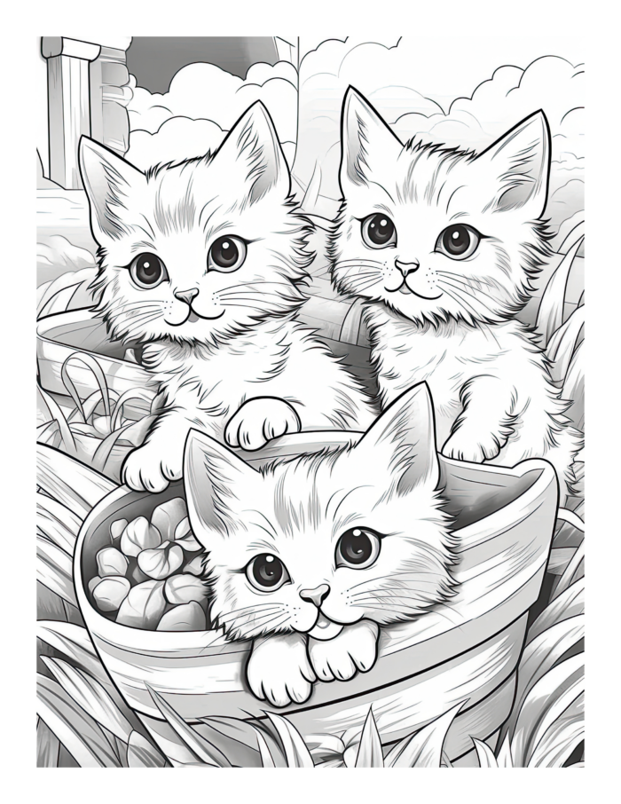 Free 3 Kittens in a Basket Coloring Page
