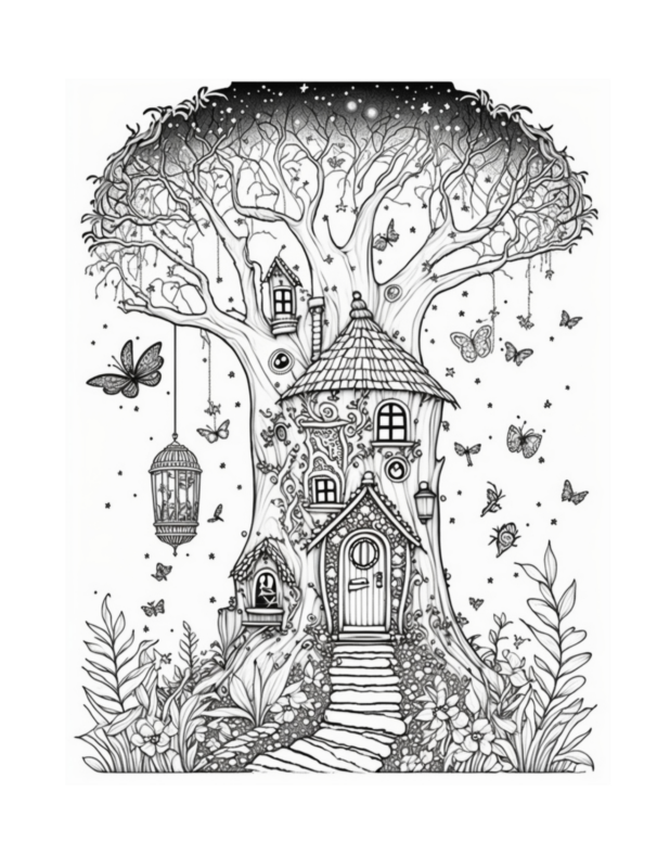 Free Printable Fairy Tale Treehouse - Fairy Homes Coloring Page For ...