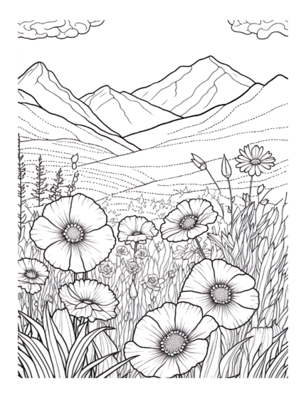 Free Flowers and Mountain Coloring Page