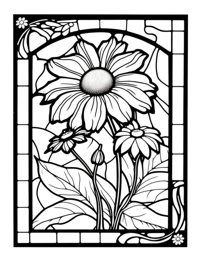 Free Daisy Flower Stained Glass Coloring Page