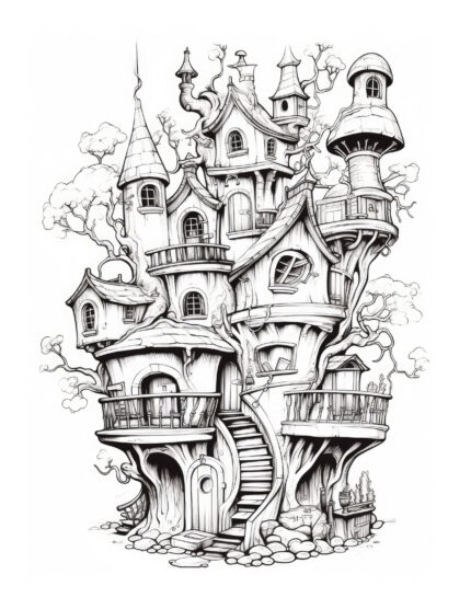 Free Halloween Tree House Coloring Page
