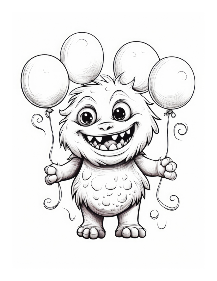 Free Halloween Monster and Balloons Coloring Page