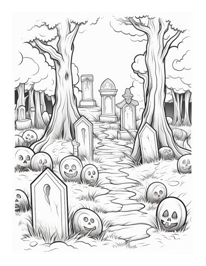 Free Halloween Pumpkin Graveyard Coloring Page