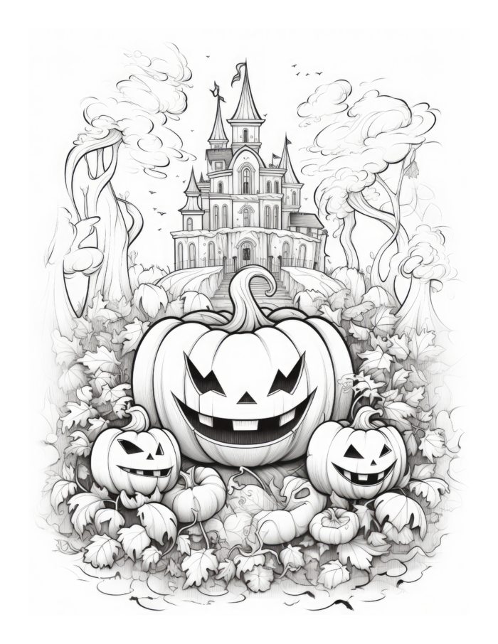 Free Halloween Pumpkin Haunted House Coloring Page