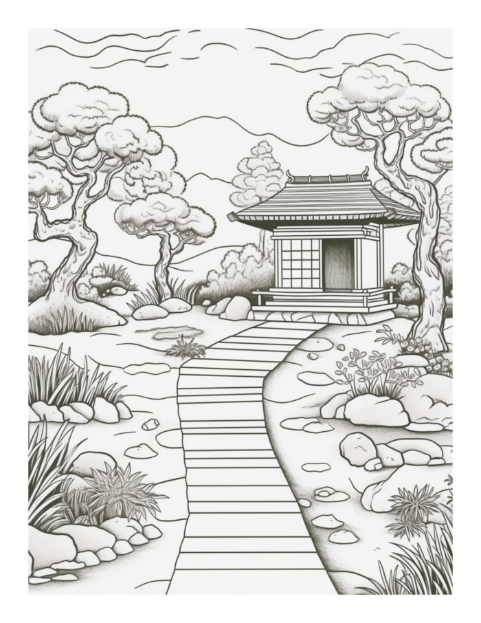 Tranquil Oasis - Free Japanese Gardens Coloring Page