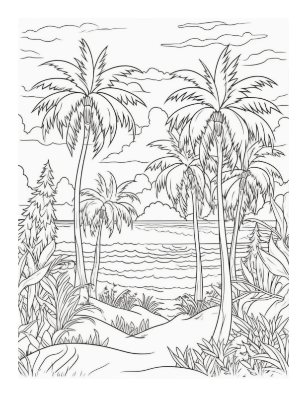 Free Printable Tropical Paradise - Palm Trees Coloring Page For Kids ...