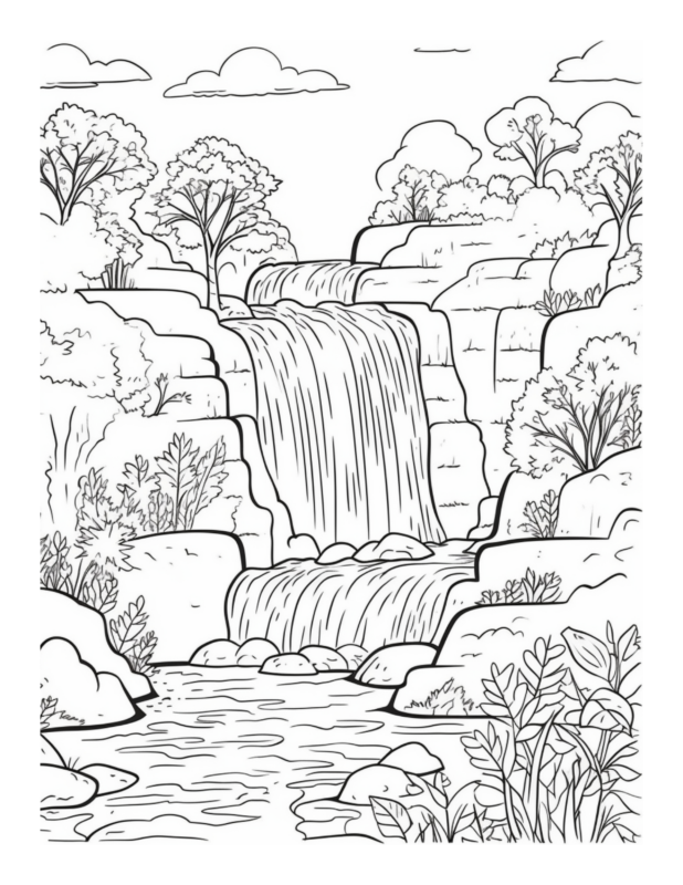 Free Printable Cascading Beauty - Waterfall Coloring Page For Kids And ...