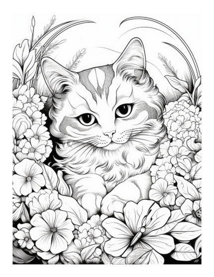 Free Cat Behind Flowers Coloring Page