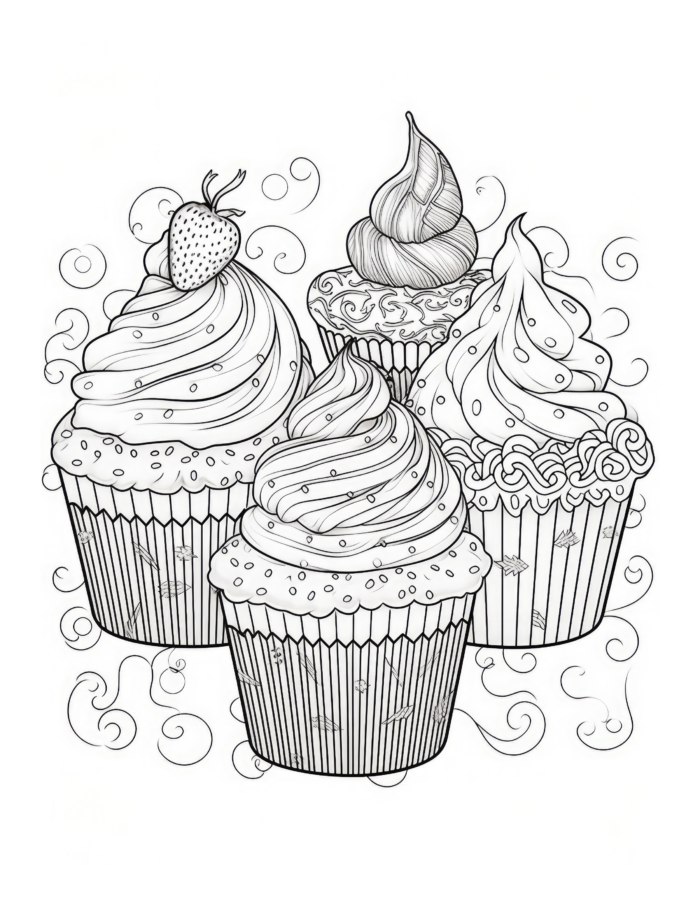 Free Four Cupcakes Coloring Page