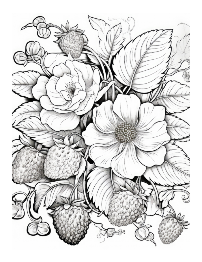 Free Strawberries and Flowers Coloring Page