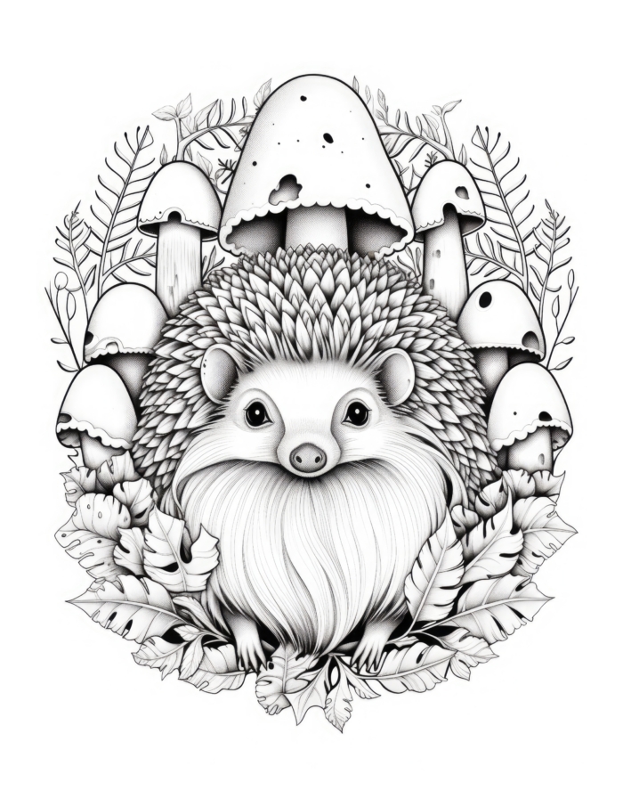 Free Hedgehog and Mushrooms Coloring Page
