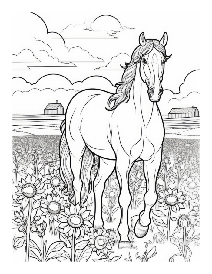 Free Horse Running in Sunflowers Coloring Page