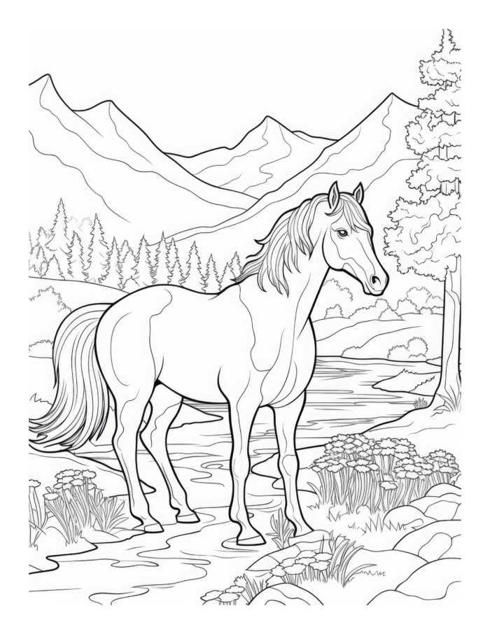 Free Horse by a Stream Coloring Page