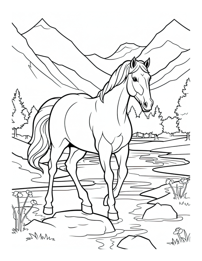 Free Horse by a River Coloring Page