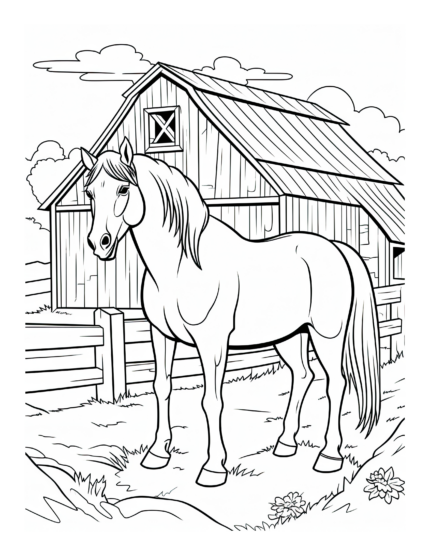 Free Horse by a Barn Coloring Page