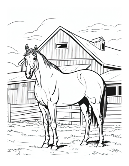 Free Horse by a Barn Coloring Page