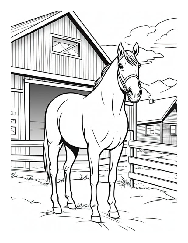 Free Horse by Barns Coloring Page