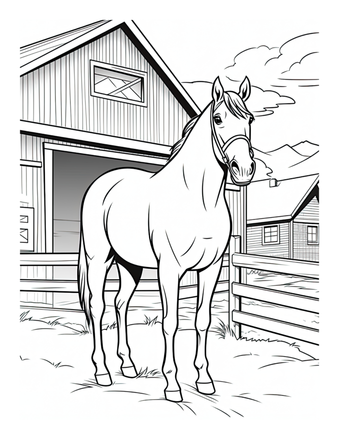 Free Horse by Barns Coloring Page