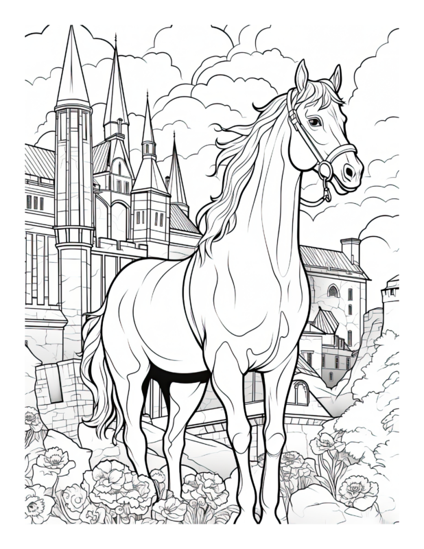 Free Horse by a Castle Coloring Page