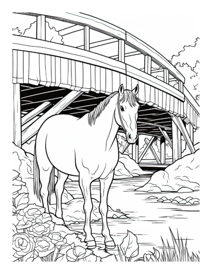 Free Horse by a Bridge Coloring Page