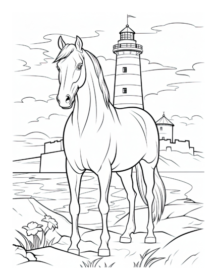 Free Horse by a Lighthouse Coloring Page