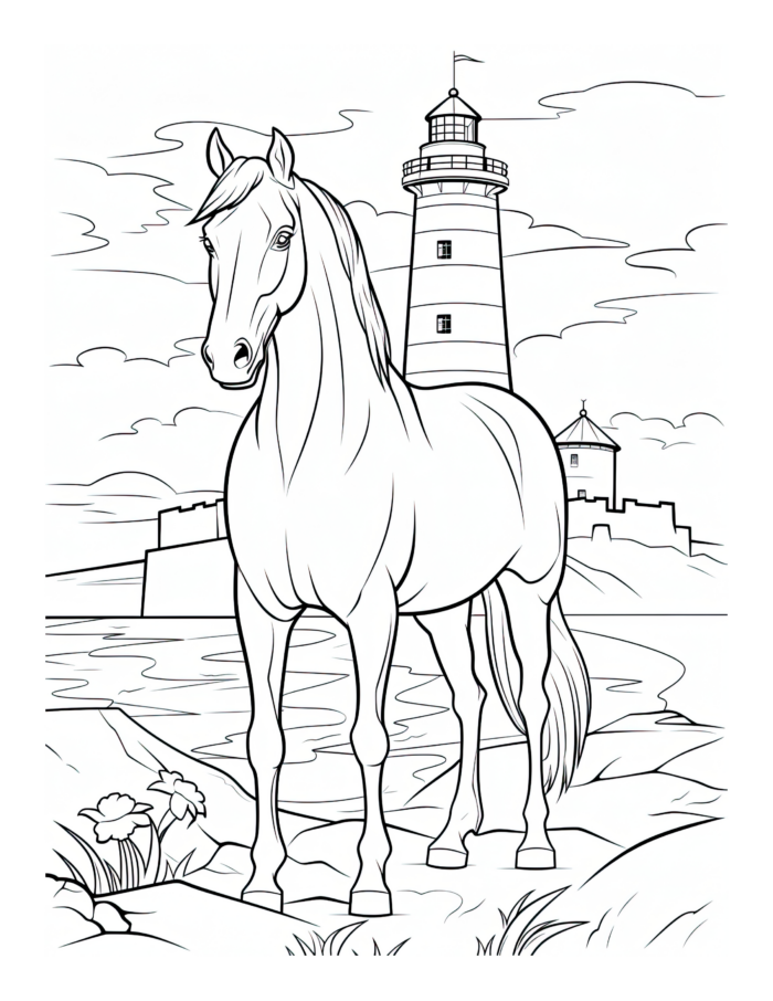 Free Horse by a Lighthouse Coloring Page
