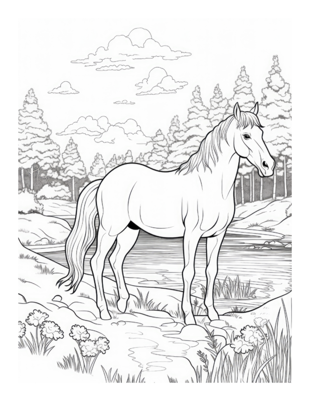 Free Horse by a Pond Coloring Page
