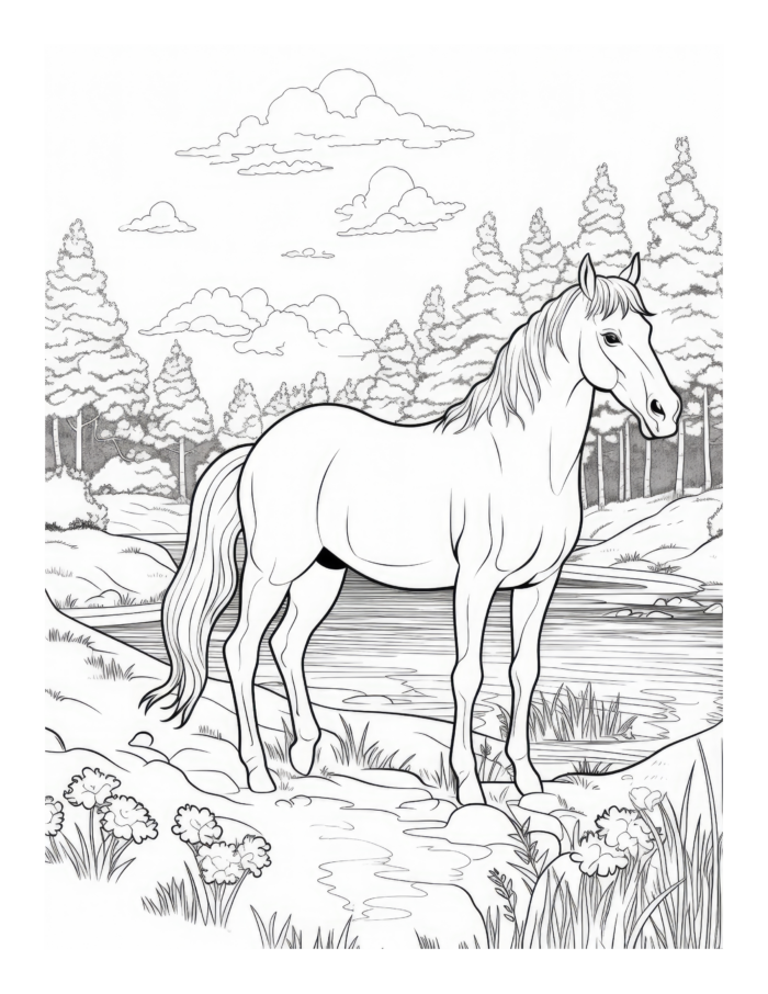 Free Horse by a Pond Coloring Page