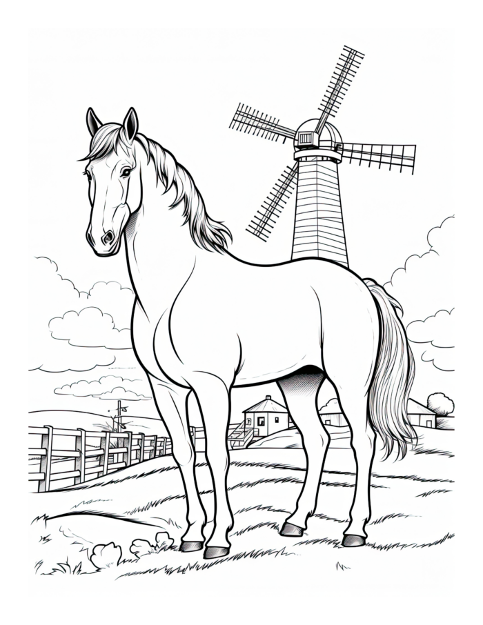 Horse by a Windmill Horse Coloring Pages