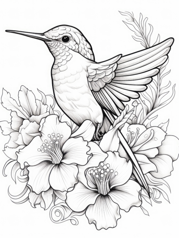 Free Hummingbird and Flowers Coloring Page