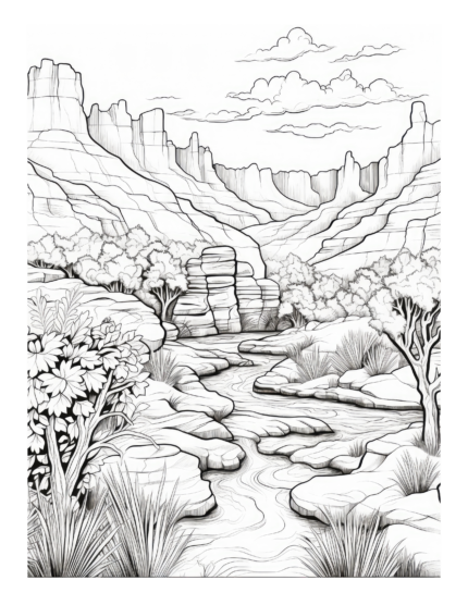 Free River in a Canyon Landscape Coloring Page
