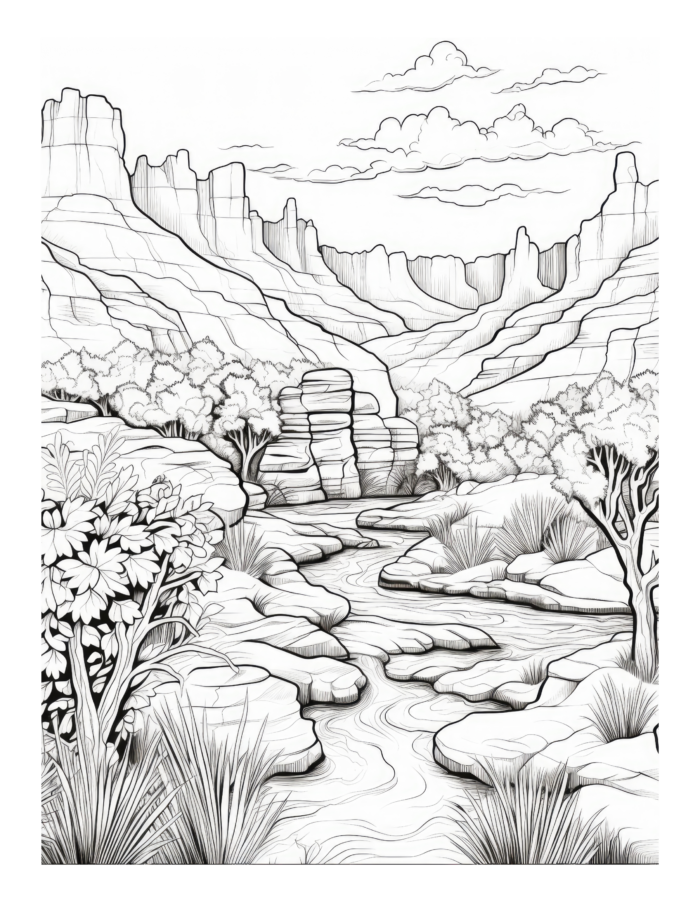 Free River in a Canyon Landscape Coloring Page