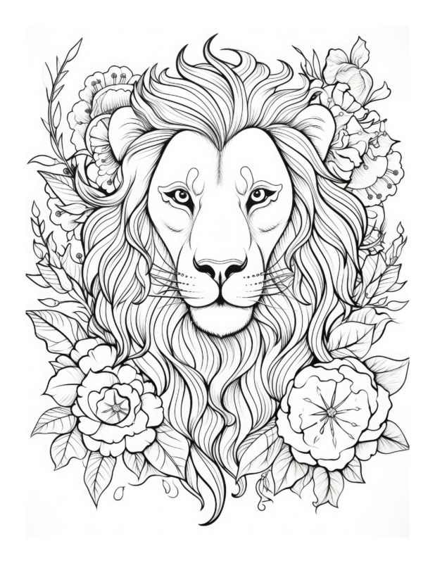 Free Lion Surrounded by Flowers Coloring Page