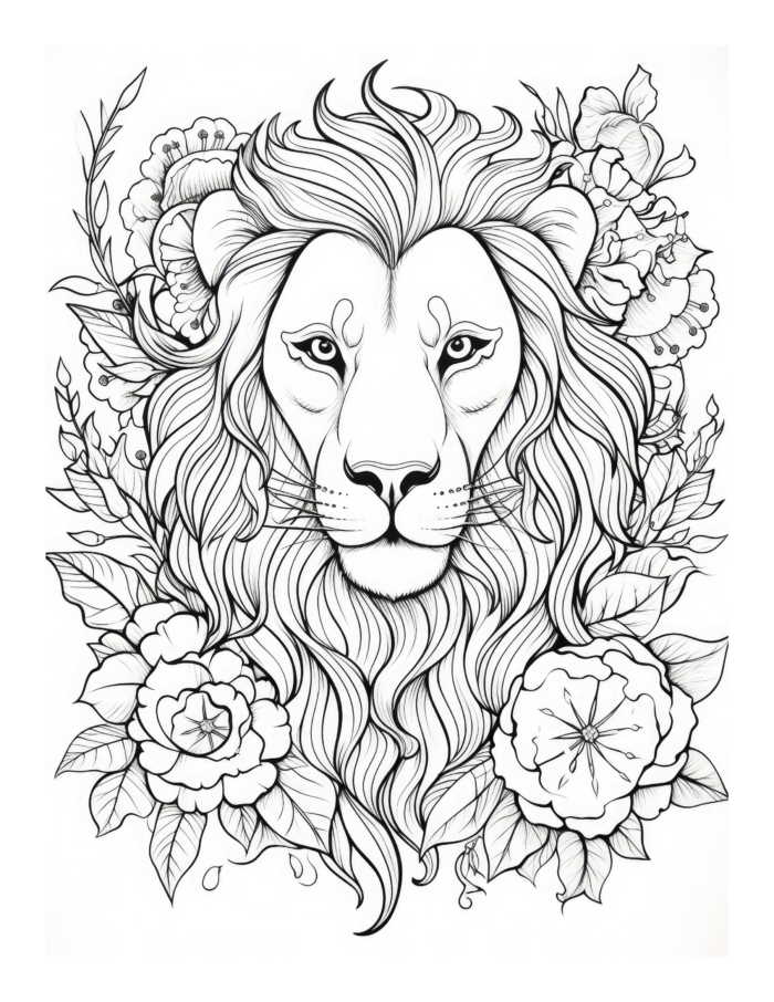 Free Lion Surrounded by Flowers Coloring Page