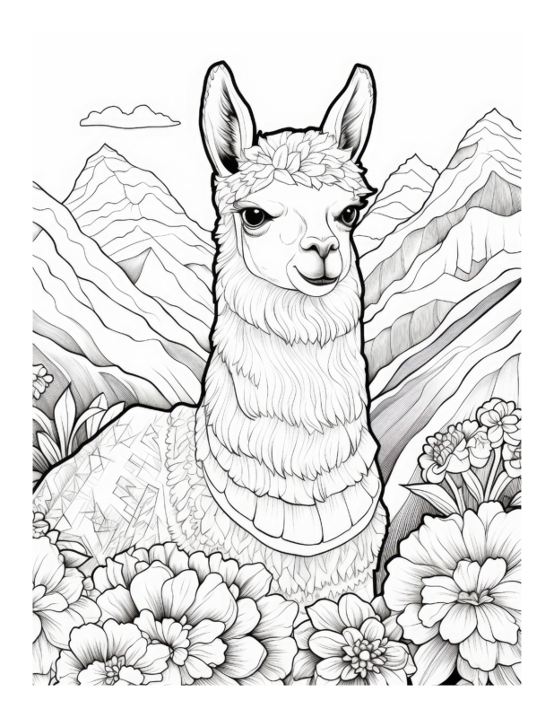 Free Llama Surrounded by Flowers Coloring Page
