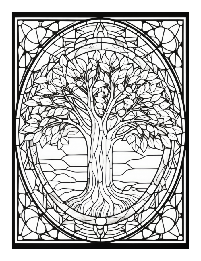 Free Tree Stained-Glass Coloring Page