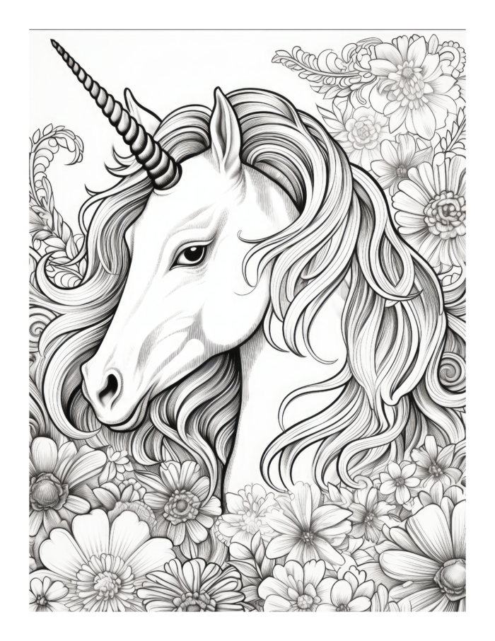 Unicorn and Flowers Coloring Page